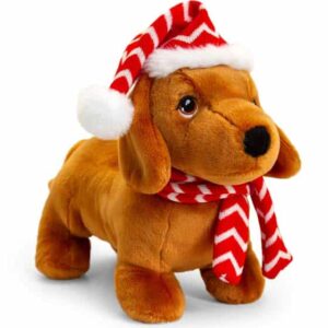 Tan Dachshund with Christmas hat and scarf