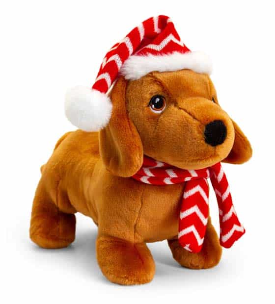 Tan Dachshund with Christmas hat and scarf